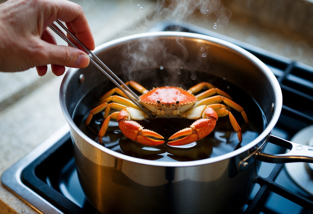 Un crabe araignée en train d'être bouilli dans une grande casserole d'eau sur une cuisinière