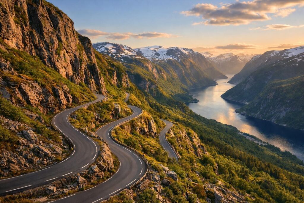 explorez aurlandsfjellet, une route panoramique spectaculaire offrant des vues à couper le souffle sur les paysages norvégiens. parfaite pour les amateurs de nature et de sensations fortes.
