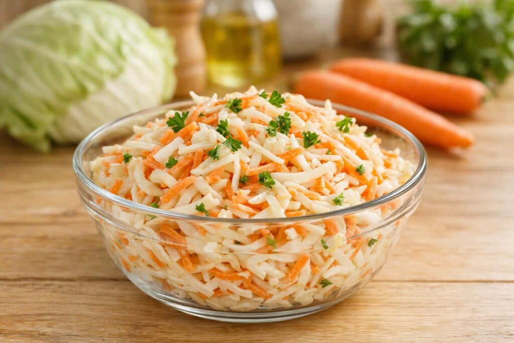 découvrez notre recette classique de coleslaw, une salade fraîche et croquante de chou et carottes, simple et rapide à préparer pour accompagner tous vos repas.